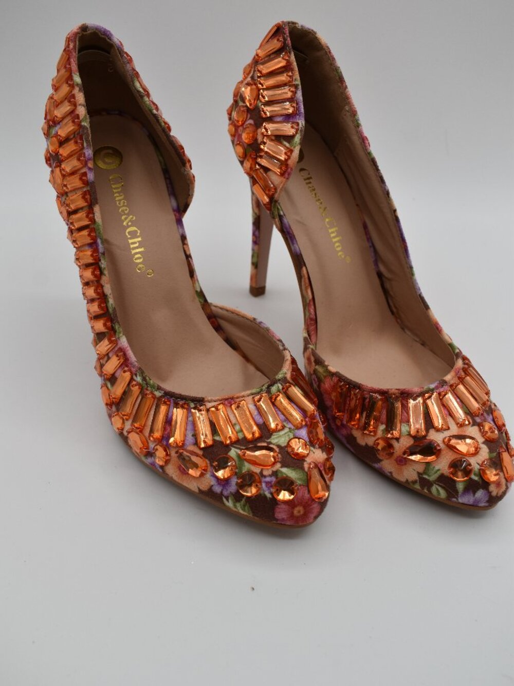 Size 7 Chase & Chloe Floral Jeweled Rhinestone Stiletto Pumps Heels Multi Color